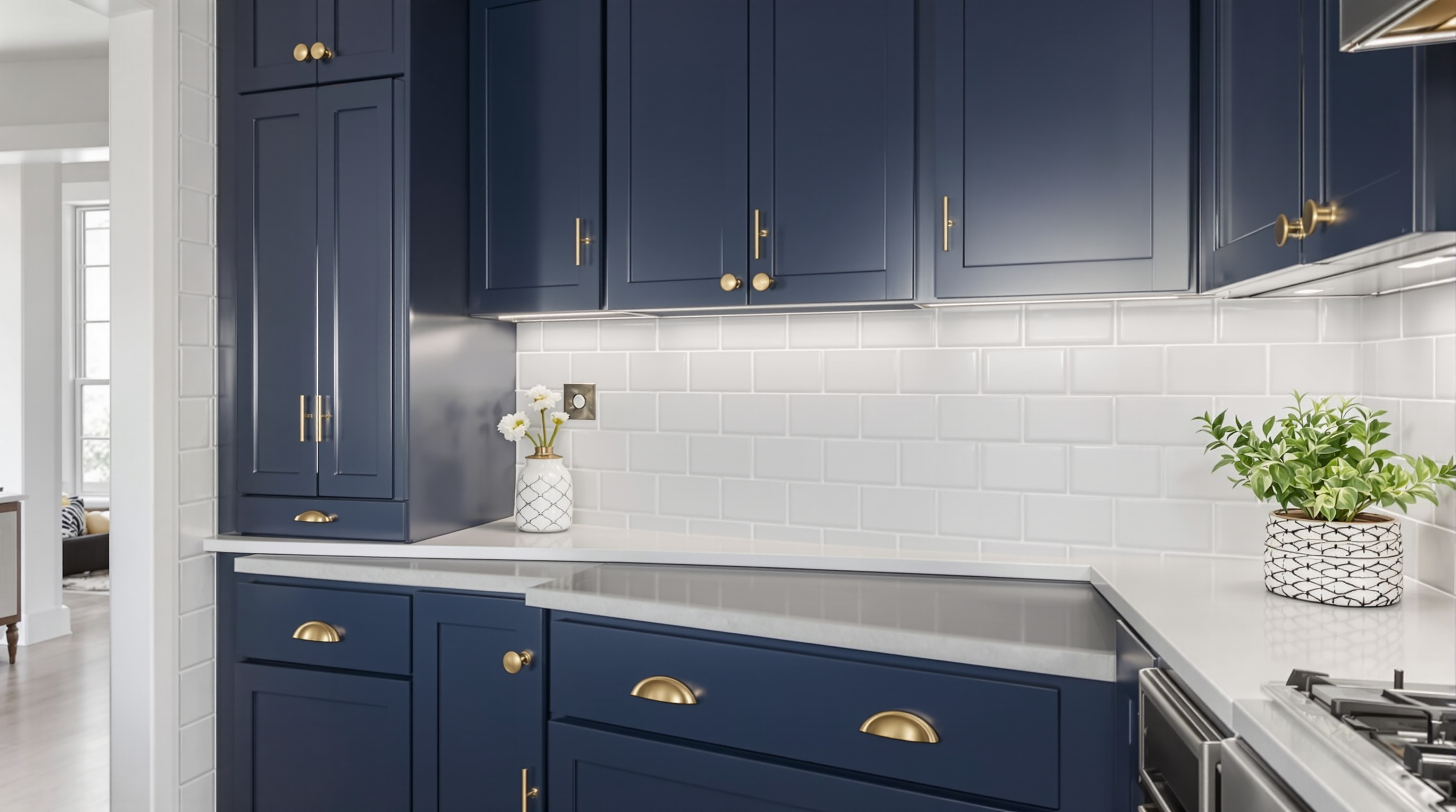 Open-concept kitchen remodel featuring quartz island and subway tile backsplash